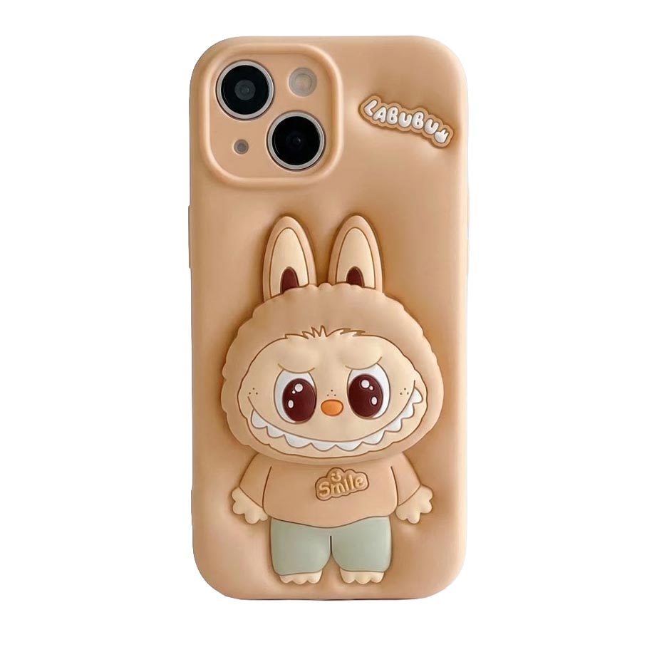Light brown TecHub Labubu 3D cartoon silicone iPhone 15 case with hand stand feature, designed for playful protection.