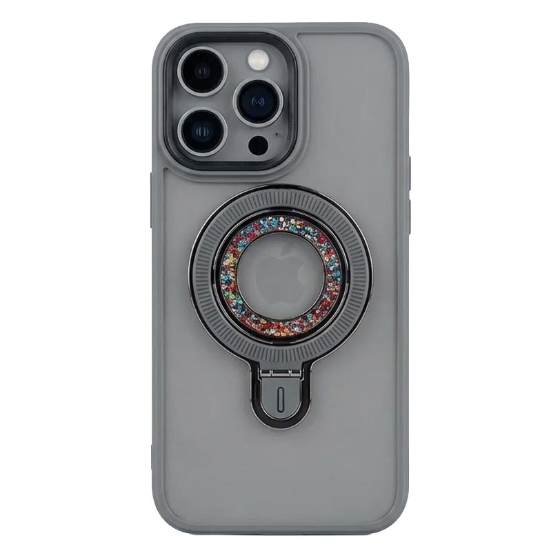 Gray fashion magnetic diamond case for iPhone 15 Pro Max, stylish protective cover with geometric design.
