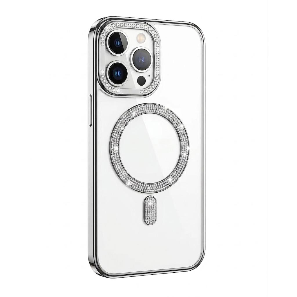 Silver Diamond Strass MagSafe iPhone 16 Pro Max case by TecHub featuring sparkling embellishments and secure magnetic attachment.