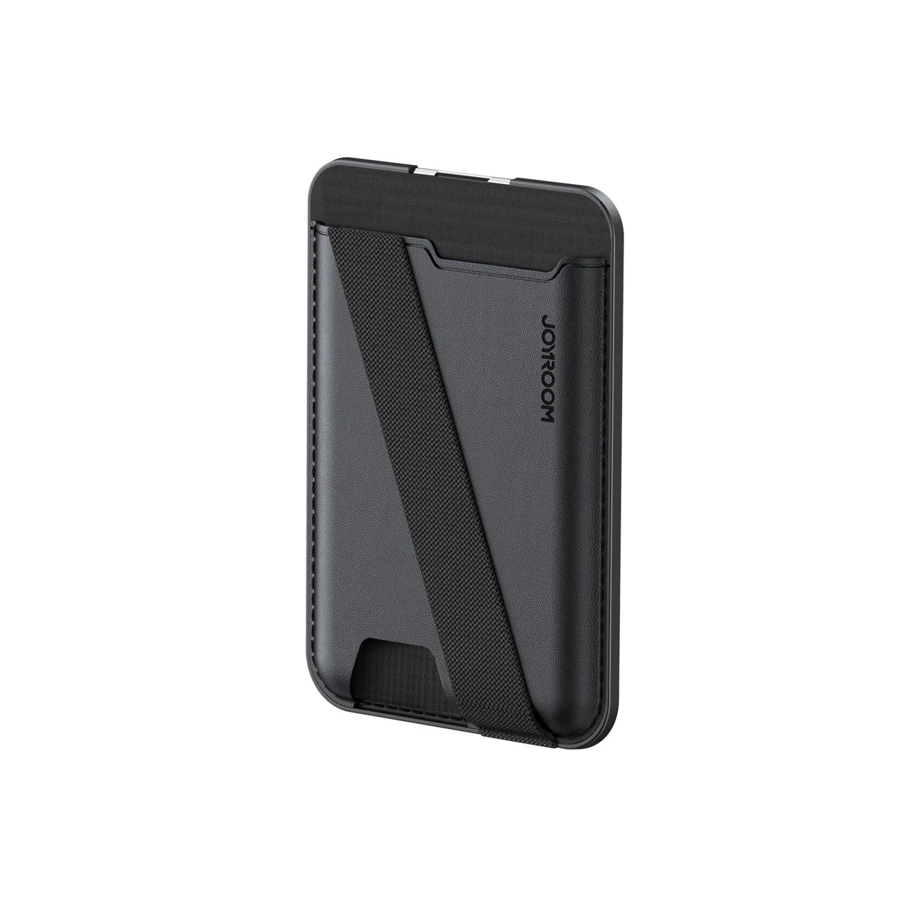 Black JOYROOM JR-ZS432 MagSafe Wallet with Kickstand, showcasing it attached to a smartphone with card slots and a foldable stand.