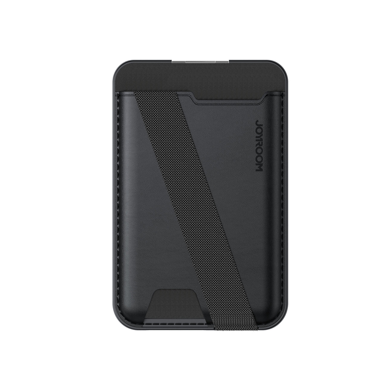 Black TEC-HUB JOYROOM JR-ZS432 MagSafe wallet with kickstand, showing its slim design and magnetic attachment for iPhone.