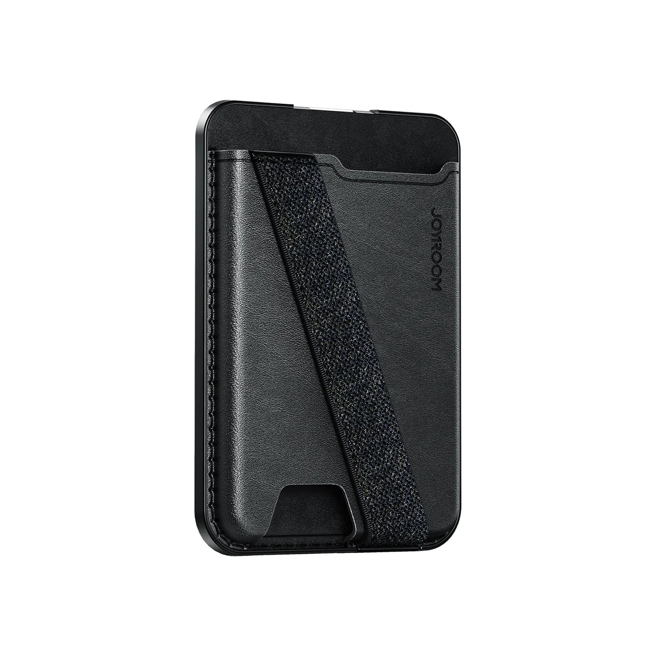 Black JOYROOM JR-ZS432 MagSafe wallet with kickstand attached to a smartphone, showcasing its compact design and functionality.