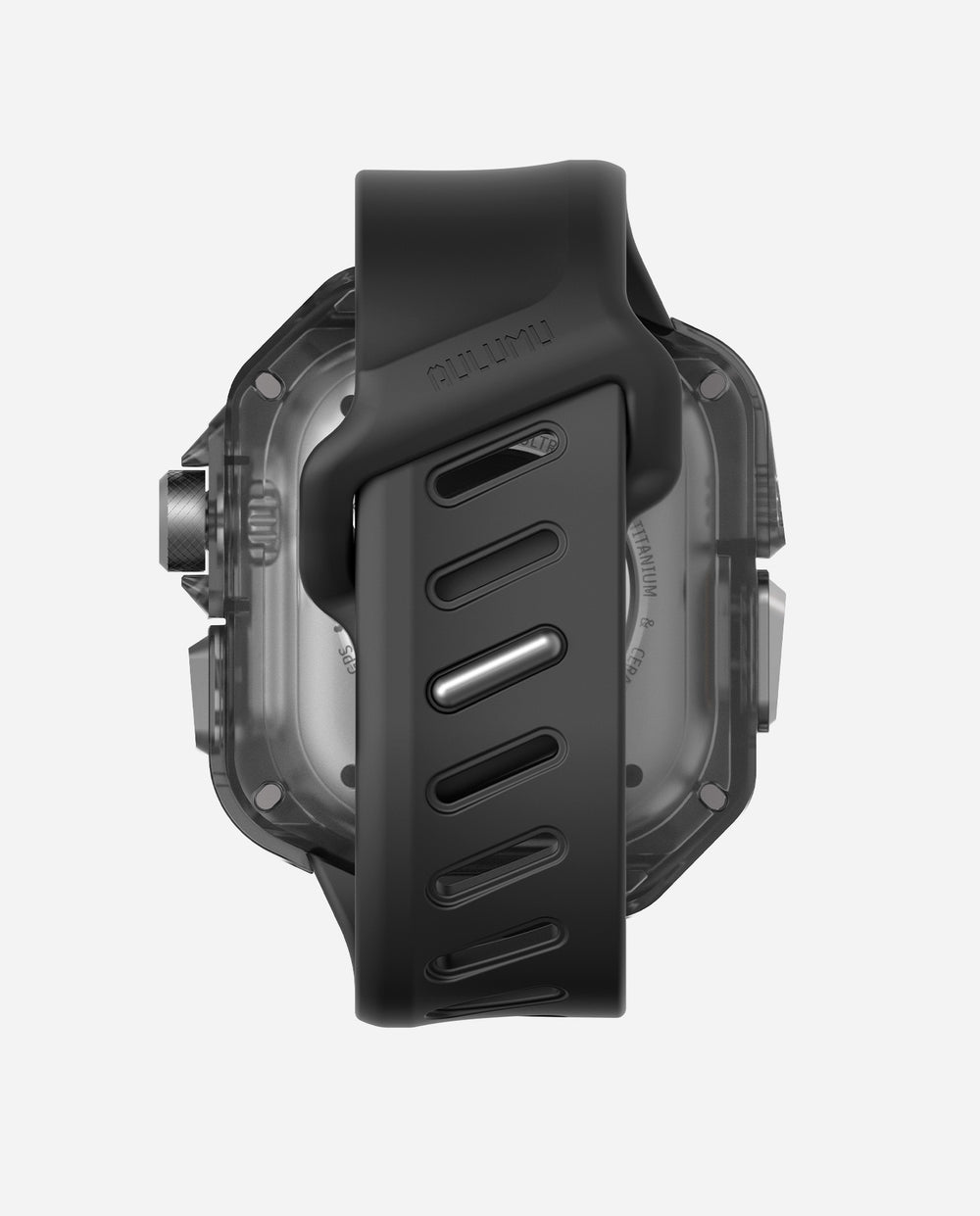 DS Aulumu A01 titanium Apple Watch Ultra case with band, showing the sleek titanium cover on the smartwatch.