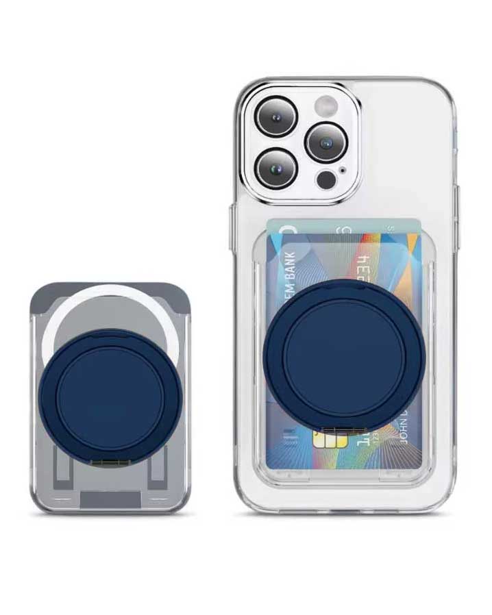 Ring Grip Kickstand Transparent Clear PC Magnetic Wallet Card Holder - Blue