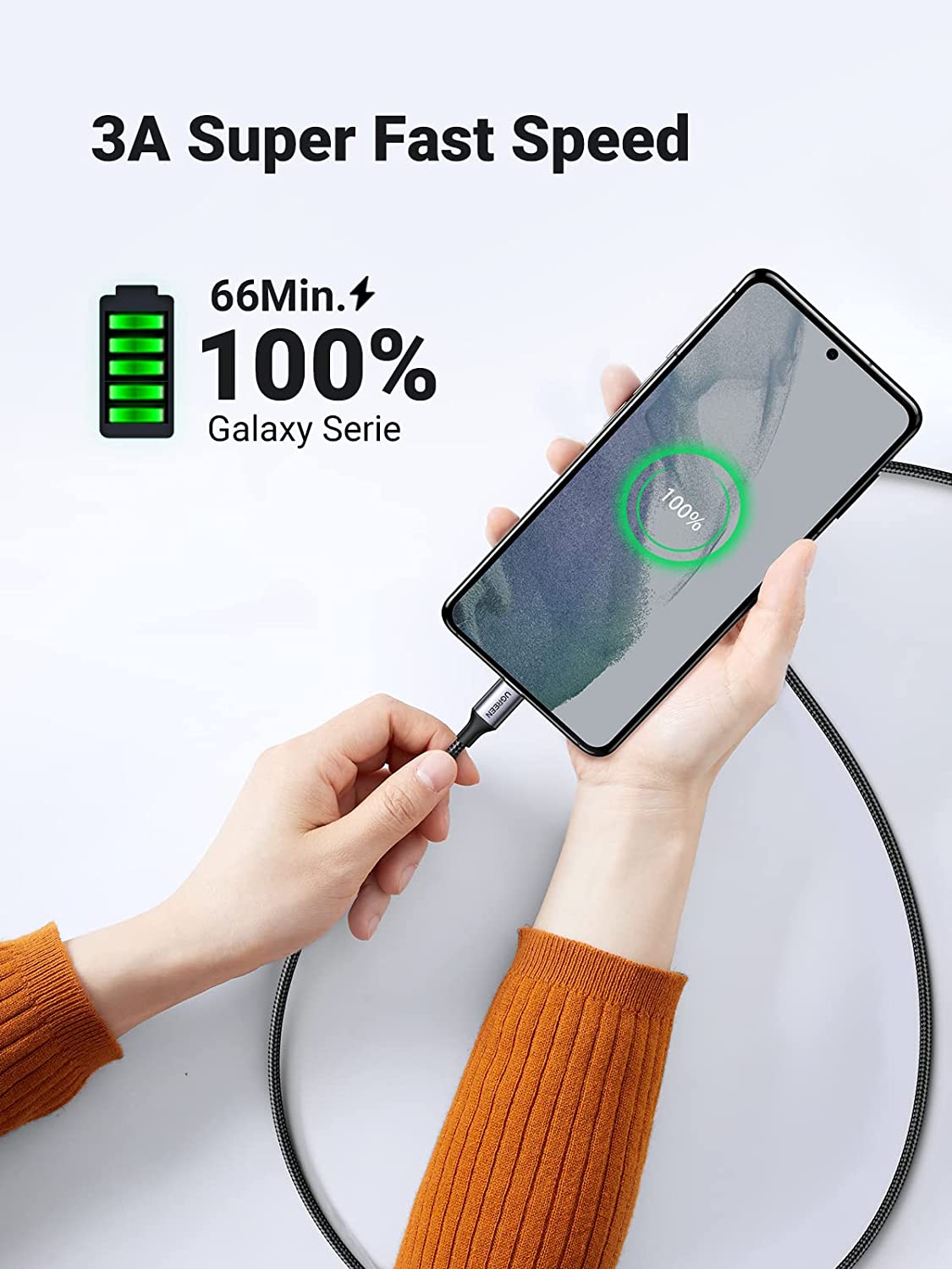 UGREEN 1m 60W USB-C to USB-C PD round cable with nickel plating and aluminum shell, perfect for fast charging and data transfer.