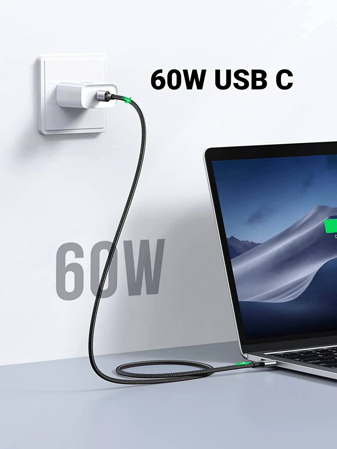 UGREEN 1 meter 60W Type-C to Type-C PD cable with nickel plating and aluminum shell, designed for fast charging and data transfer.