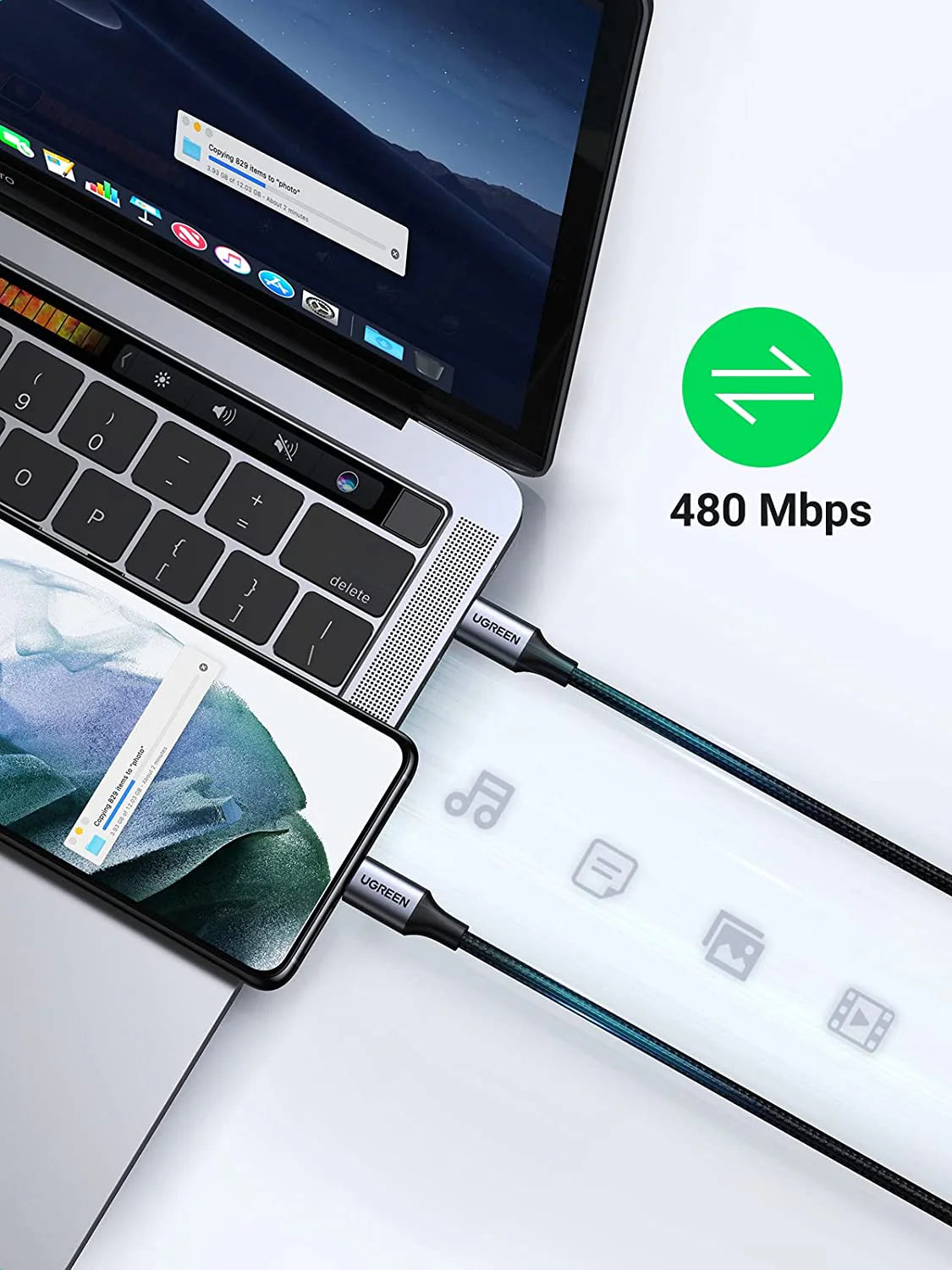 UGREEN 1-meter 60W Type-C to Type-C USB-C cable with nickel plating and aluminum shell for fast charging and data transfer.