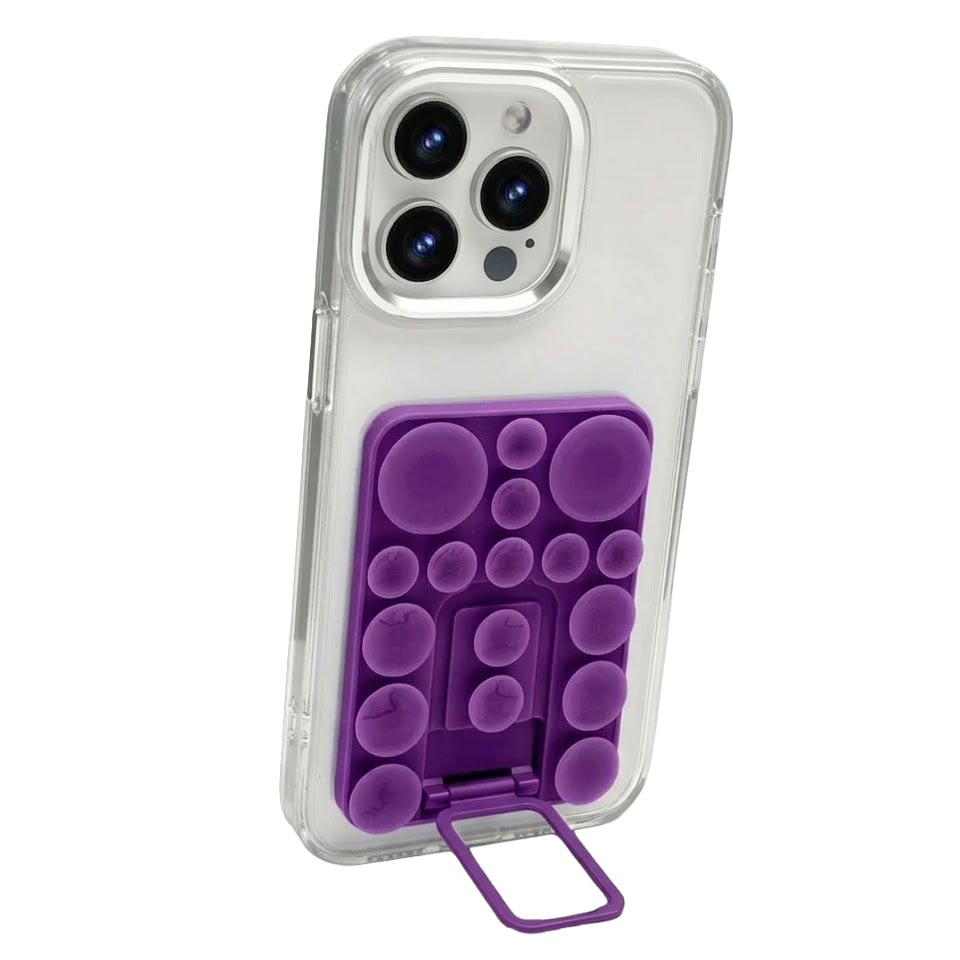 TecHub silicone suction mobile phone folding stand holder showing a compact, flexible phone holder with suction base on a surface.