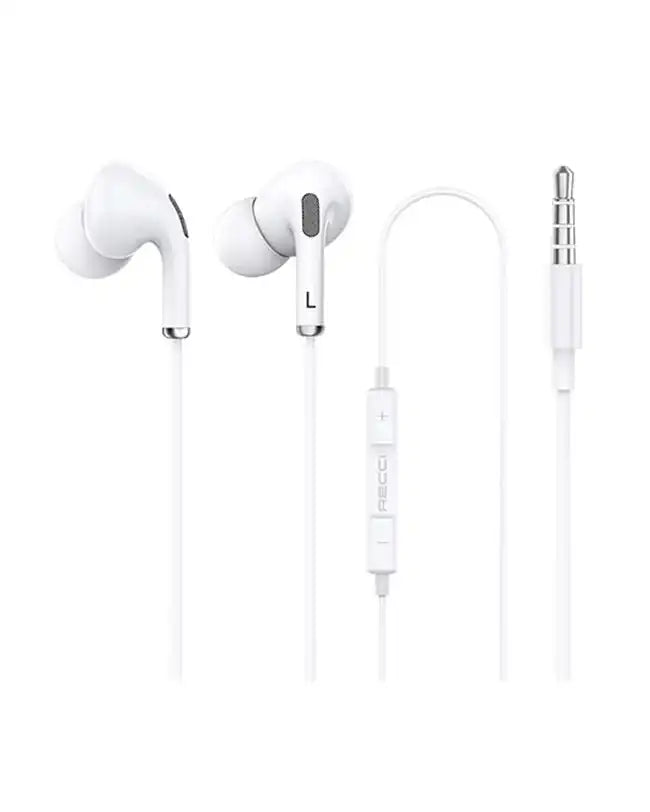 White Recci In-ear Wired Earphones REP-L16 by My Store with sleek design and in-ear fit, shown in close-up image.