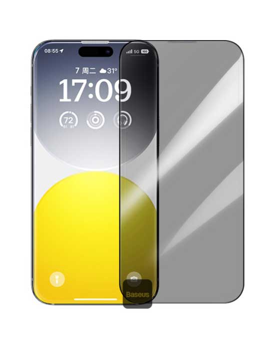 TecHub Baseus Sapphire full-coverage 9H tempered glass screen protector for iPhone 15/16, with privacy feature and easy installation kit.