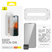 TecHub Baseus Sapphire 9H tempered glass screen protector for iPhone 16/15 with easy install kit and privacy feature.