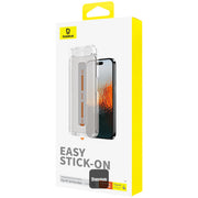TecHub Baseus Sapphire 9H tempered glass screen protector for iPhone 16 and 15, with privacy filter and easy installation kit.