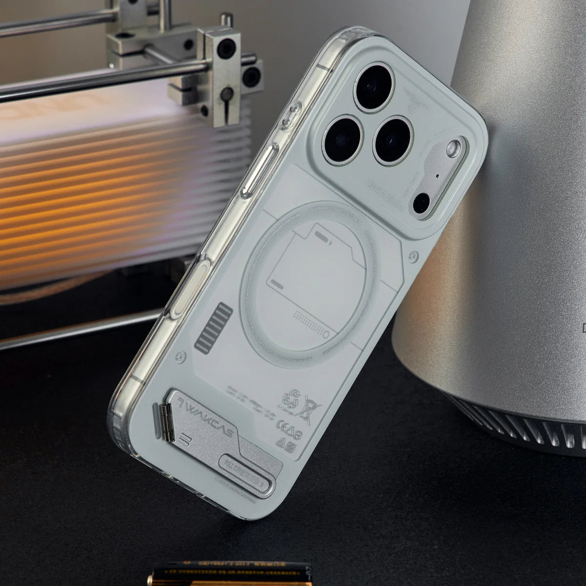 WAKCAS Energy Module MagSafe iPhone Case with Built-in Metal Stand for iPhone 17 Pro Max - Battery Grey