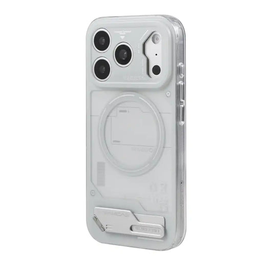 TecHub WAKCAS MagSafe iPhone 17 Pro Max case with built-in metal stand in grey, offering protection and convenient stand functionality.