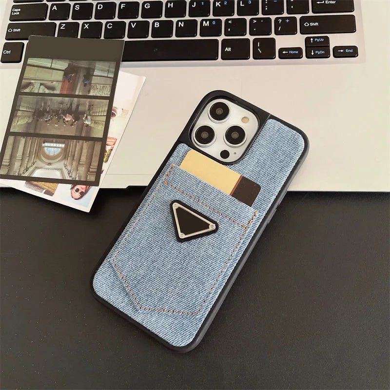 Prada Luxury Designer Jeans Style Case for iPhone 14 Pro Max - Blue