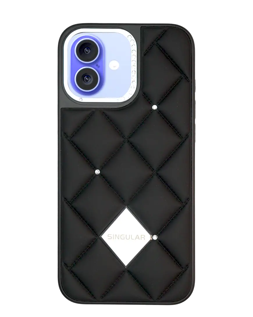 Black leather iPhone 16 case with diamond pattern from TecHub, showcasing textured, protective phone cover design.