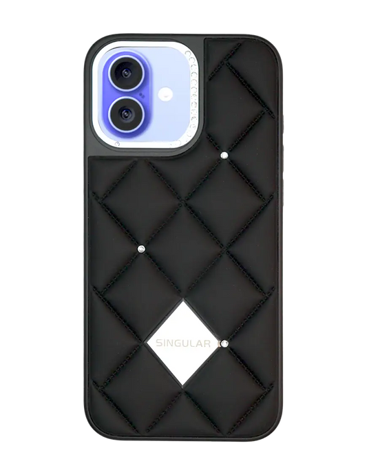 Diamond Pattern Leather Case for iPhone 16 - Black