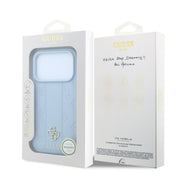 Blue Guess Magsafe PU stripe hard case with Peony 4G logo for iPhone 17/18 Pro Max, featuring a stylish design and protective features.