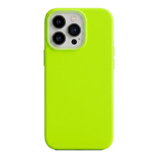Green fluorescent silicone iPhone 14 Pro Max case with transparent jelly design, flexible liquid silicone material, and precise cutouts.