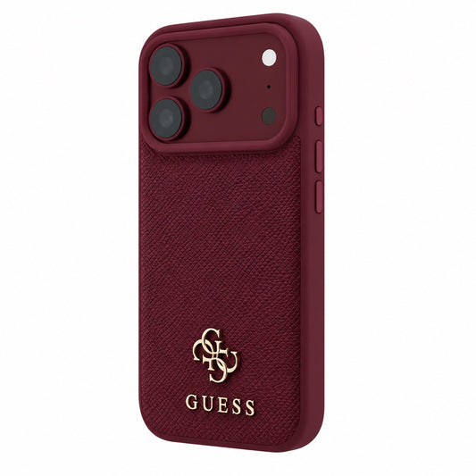Guess Magsafe PU stripe hard case with Saffiano PU logo for iPhone 17/18 Pro Max, featuring burgundy color and sleek design.