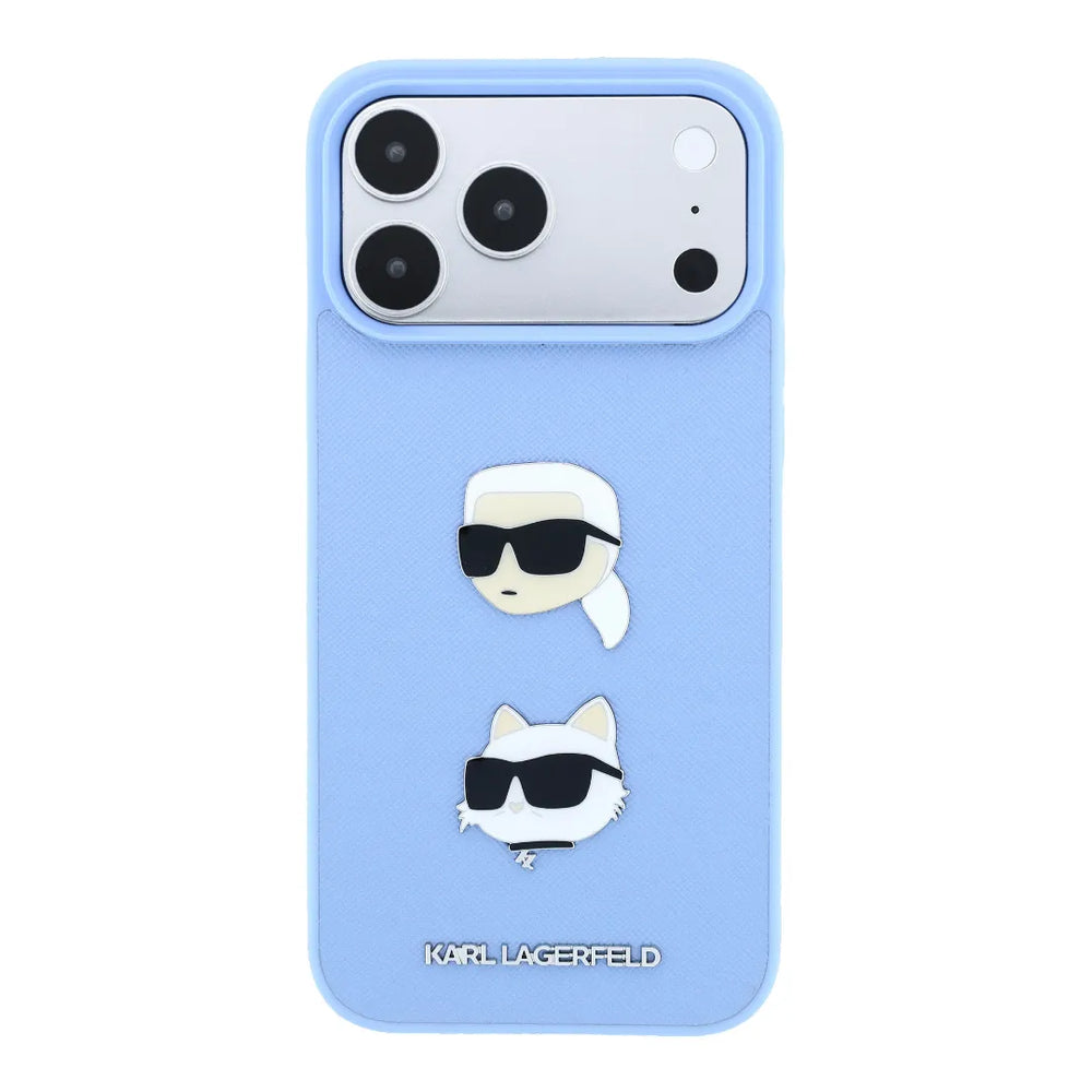 Blue Karl Lagerfeld iPhone 17/18 Pro Max case featuring Karl & Choupette faces design by TecHub.