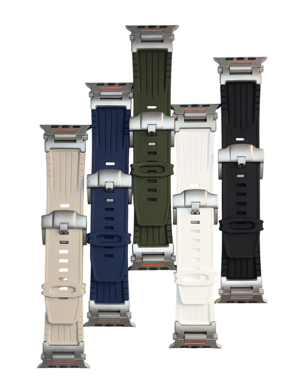 TecHub Sport silicone strap with stainless steel bracelet for Apple Watch 42-49mm, showing the dual strap design and metal clasp.