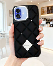 Black leather iPhone 16 case with diamond pattern design by TecHub, showcasing a sleek protective cover with textured surface.