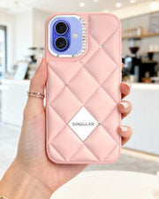 Pink leather iPhone 16 case with diamond pattern by TecHub, showing textured surface and precise cutouts.