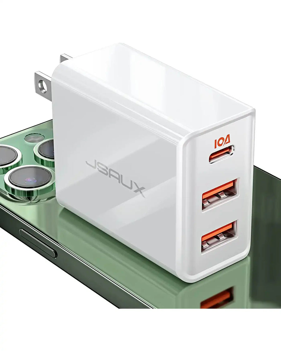 Jsaux 32W 3-port USB-C charger with compact design, multiple USB-C and USB-A ports for fast device charging.