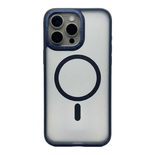 Navy blue TecHub Magnetic Luxury Matte iPhone 15 Pro Max shockproof case with translucent armor design and built-in magnet for secure fit.