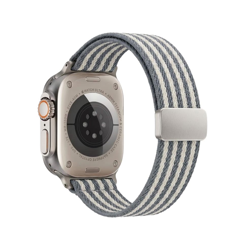 TecHub nylon double stripes watch band for Apple Watch 42 to 49mm, showing the blue and black striped design on the band.