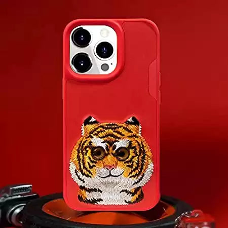 NIMMY 3D Embroidery Leather Red Tiger Back Case for iPhone 13 Pro Max - TecHub