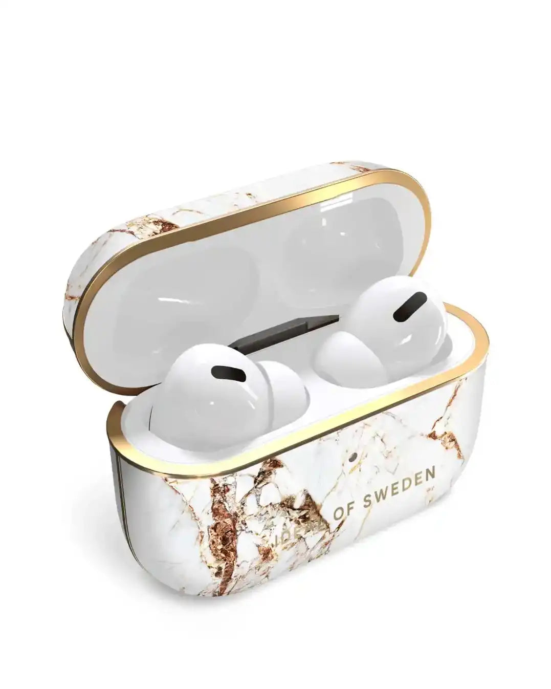 Ideal of Sweden Carrara Gold AirPods Pro 1/2 case with marble pattern and gold accents, designed for AirPods Pro charging case.