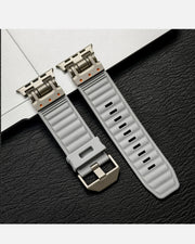 TecHub rugged silicone sports band for Apple Watch 42-49mm in Starlight, shown fitted on the watch with textured surface and secure clasp.
