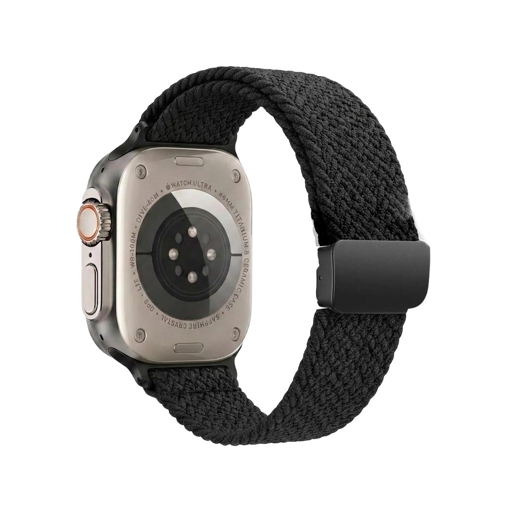 TecHub nylon stretchy watch band for Apple Watch 42-49mm, shown in black with adjustable strap and secure clasp.