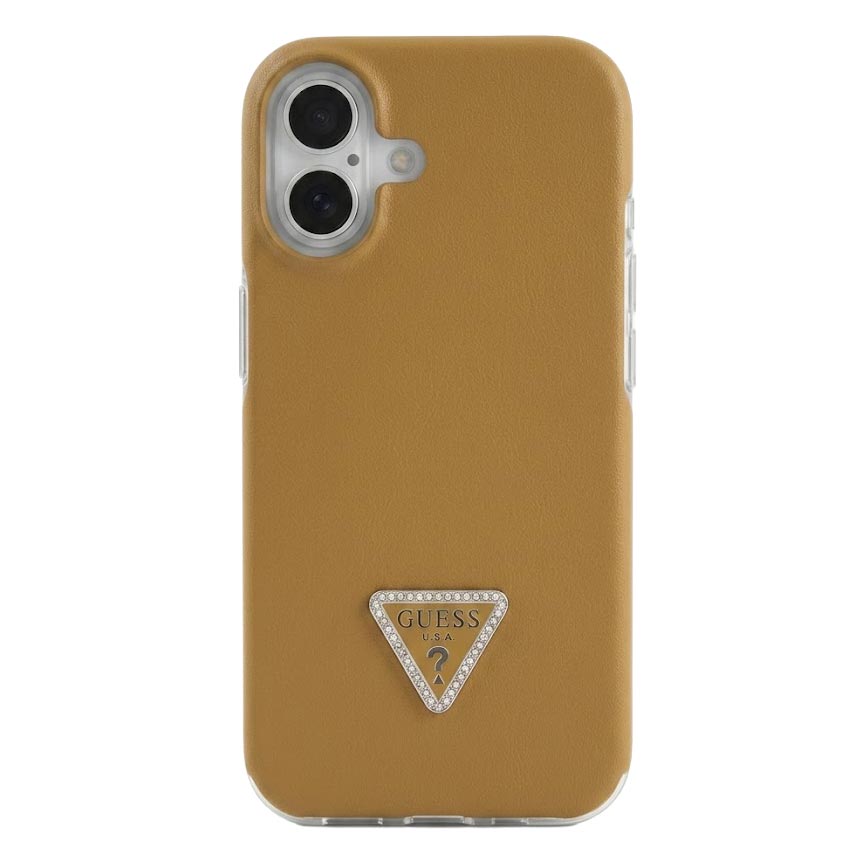 TecHub Guess leather back cover case for iPhone 16 in gold, featuring a sleek leather design and precise cutouts.