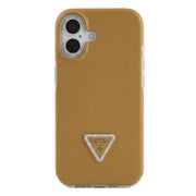 TecHub Guess leather back cover case for iPhone 16 in gold, featuring a sleek leather design and precise cutouts.