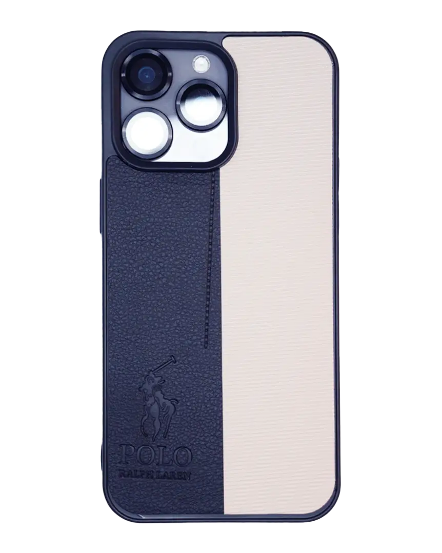Navy blue TecHub Polo leather case for iPhone 14 Pro Max, stylish protective phone cover with smooth leather finish.