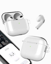 Clear TecHub Araree Hard PC case for AirPods 3, showing a transparent protective cover with precise cutouts for charging.