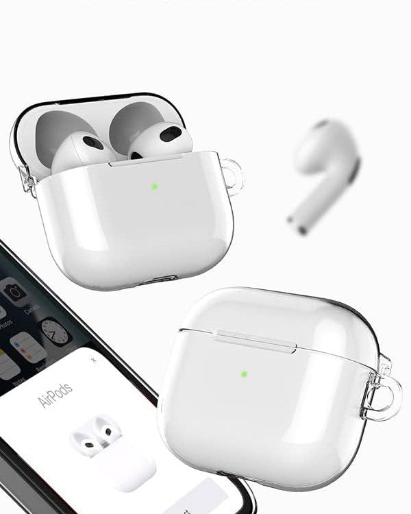 Clear TecHub Araree Hard PC case for AirPods 3, showing a transparent protective cover with precise cutouts for charging.