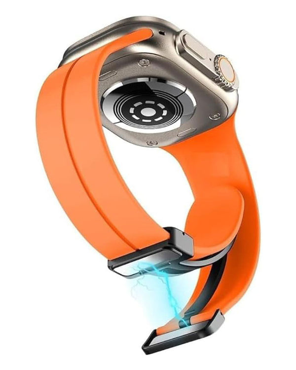 Magnetic silicone sport strap band for Apple Watch 42mm to 49mm, flexible black case with secure closure.