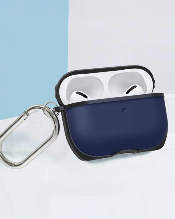 Blue and black Wiwu APC002 shockproof case with carabiner for Apple AirPods Pro, showing the protective cover and keychain attachment.
