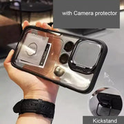 Black TecHub invisible stand case for iPhone 13 and 14 with metal camera lens ring protector, slim and transparent design