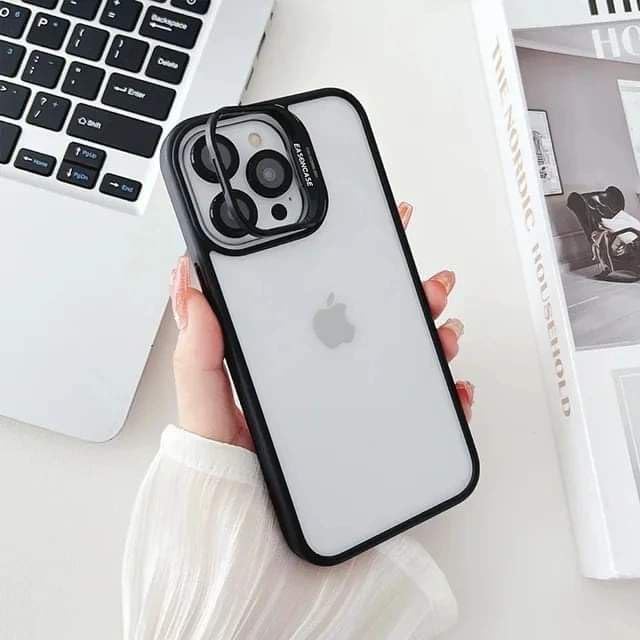 Invisible Stand Case for iPhone 14 - 13 with Metal Camera Lens Ring Protector Cover - Black