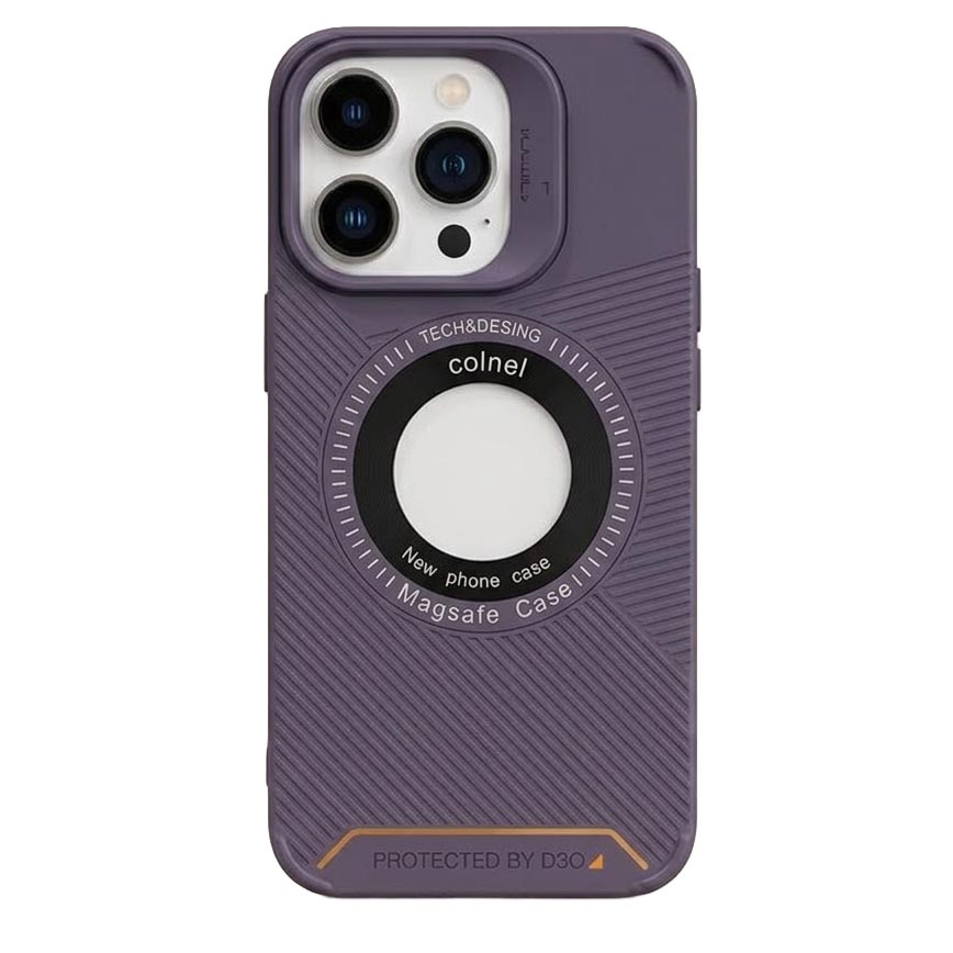 Purple Gear4 Magsafe case with large circular design for iPhone 13 Pro Max, showing the textured back and Magsafe alignment area.