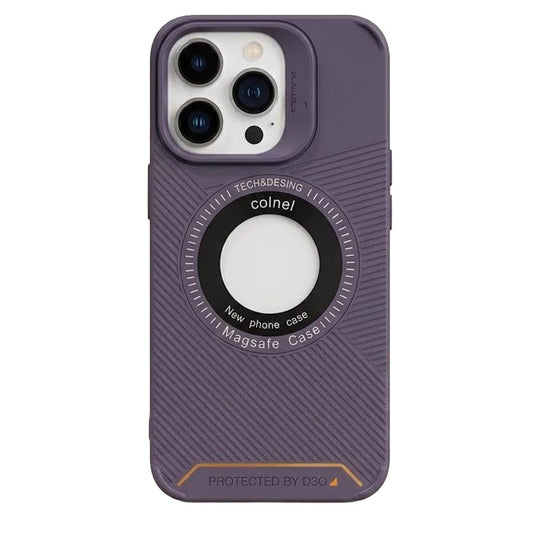 Purple Gear4 Magsafe case with large circular design for iPhone 13 Pro Max, showing the textured back and Magsafe alignment area.