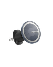 Momax MoVe Easy Magnetic Car Mount holder in black attached to a car dashboard with a smartphone secured in place.