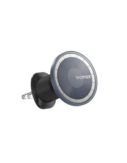 Momax MoVe Easy Magnetic Car Mount holder in black attached to a car dashboard with a smartphone secured in place.