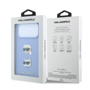 Blue Karl Lagerfeld iPhone 17/18 Pro Max case featuring faces of Karl and Choupette by TecHub.