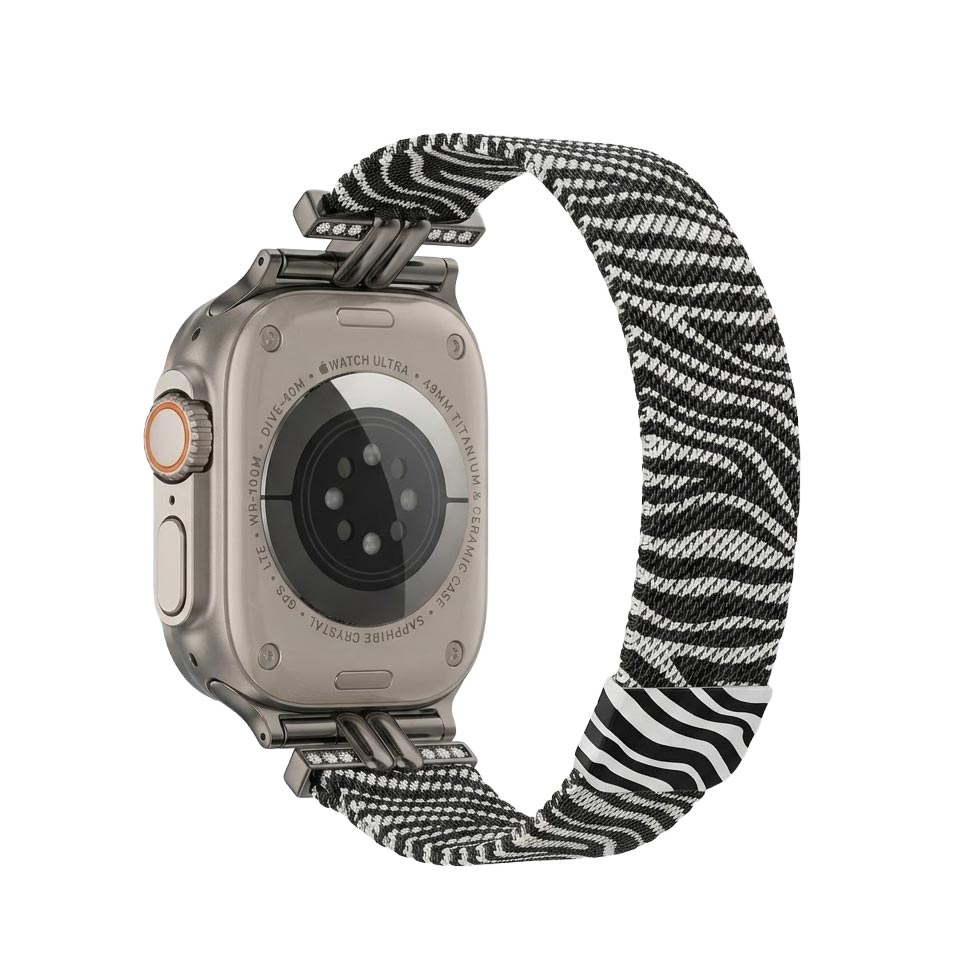 TecHub leopard print stainless steel Apple Watch strap for women, slim diamond watch case compatible with 42-49mm models.